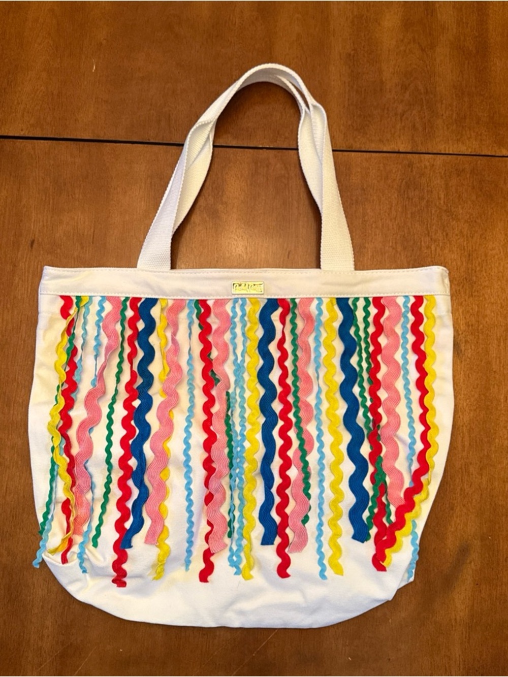Packed Party Canvas Tote Colorful Ric Rac Fringe White Canvas Magnetic Snap - Picture 2 of 10